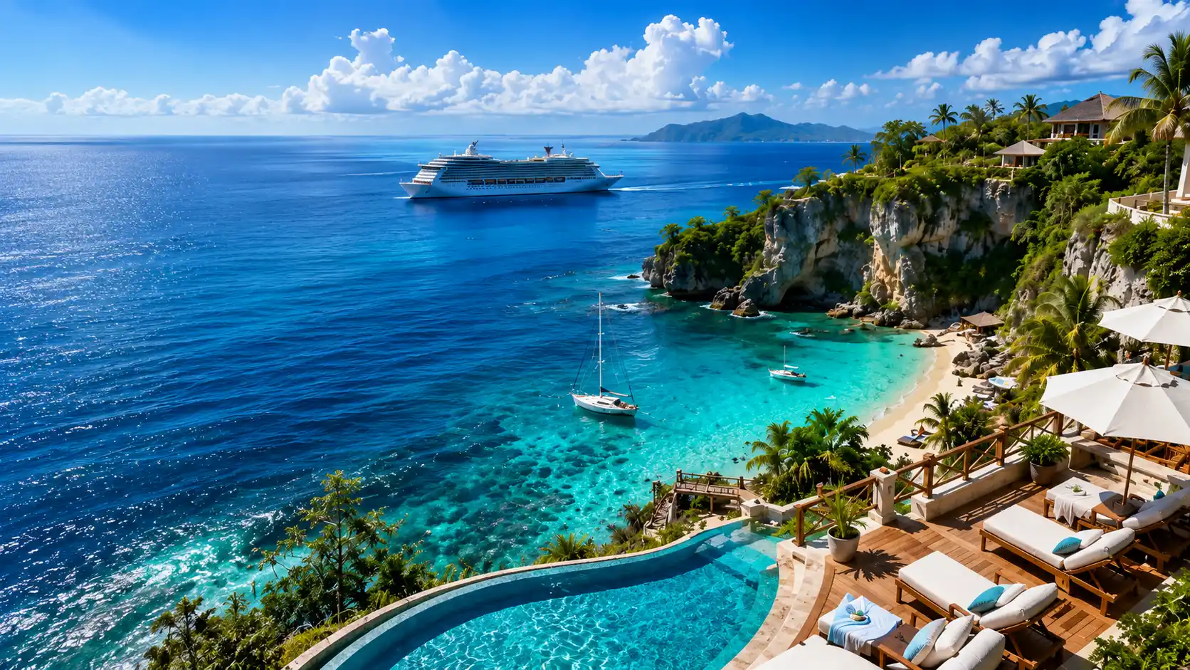 Playa con mar turquesa y montañas